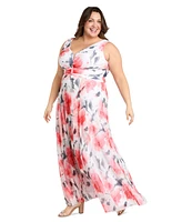 R & M Richards Plus Printed Ruched-Waist Pleated Dress