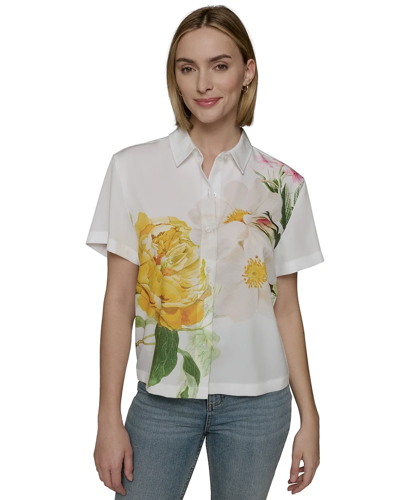 Karl Lagerfeld Paris Petite Placed Floral Cropped Woven Top