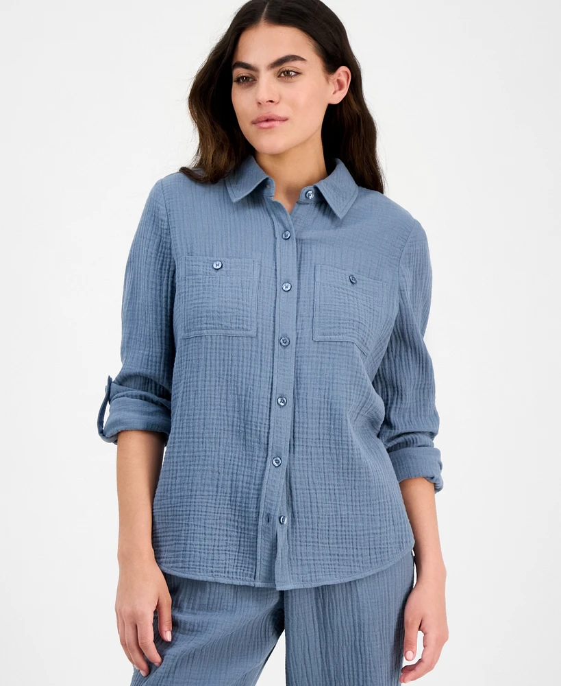Dkny Jeans Petite Cotton Roll-Tab Shirt