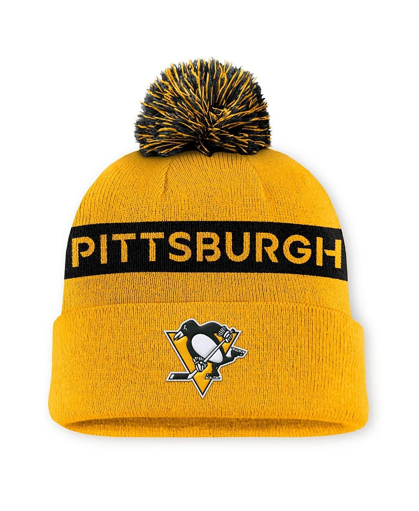 Fanatics Women's Gold/Black Pittsburgh Penguins Authentic Pro Rink with Pom Cuffed Knit Hat