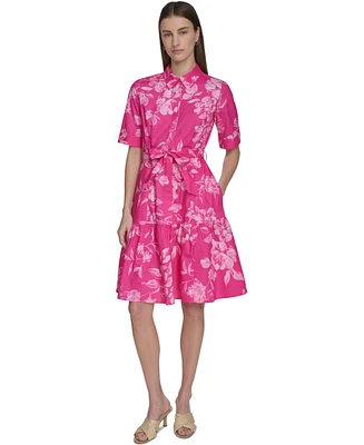 Calvin Klein Women's Cotton Floral Belted Tie-Cuff Dress
