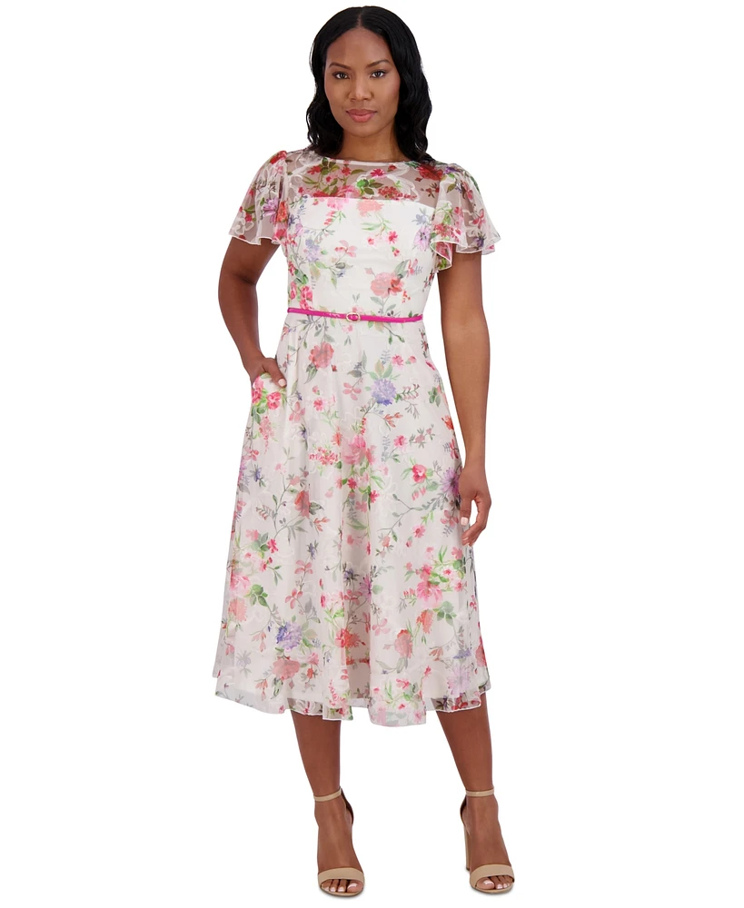 Jessica Howard Women's Floral Flutter-Sleeve Belted Midi Dress