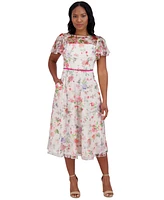 Jessica Howard Women's Floral Flutter-Sleeve Belted Midi Dress