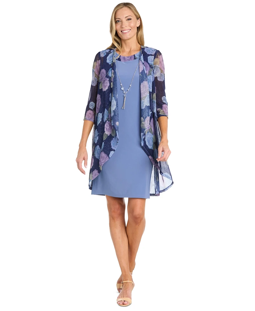 R & M Richards Women's Textured Metallic Jacket Necklace Dress