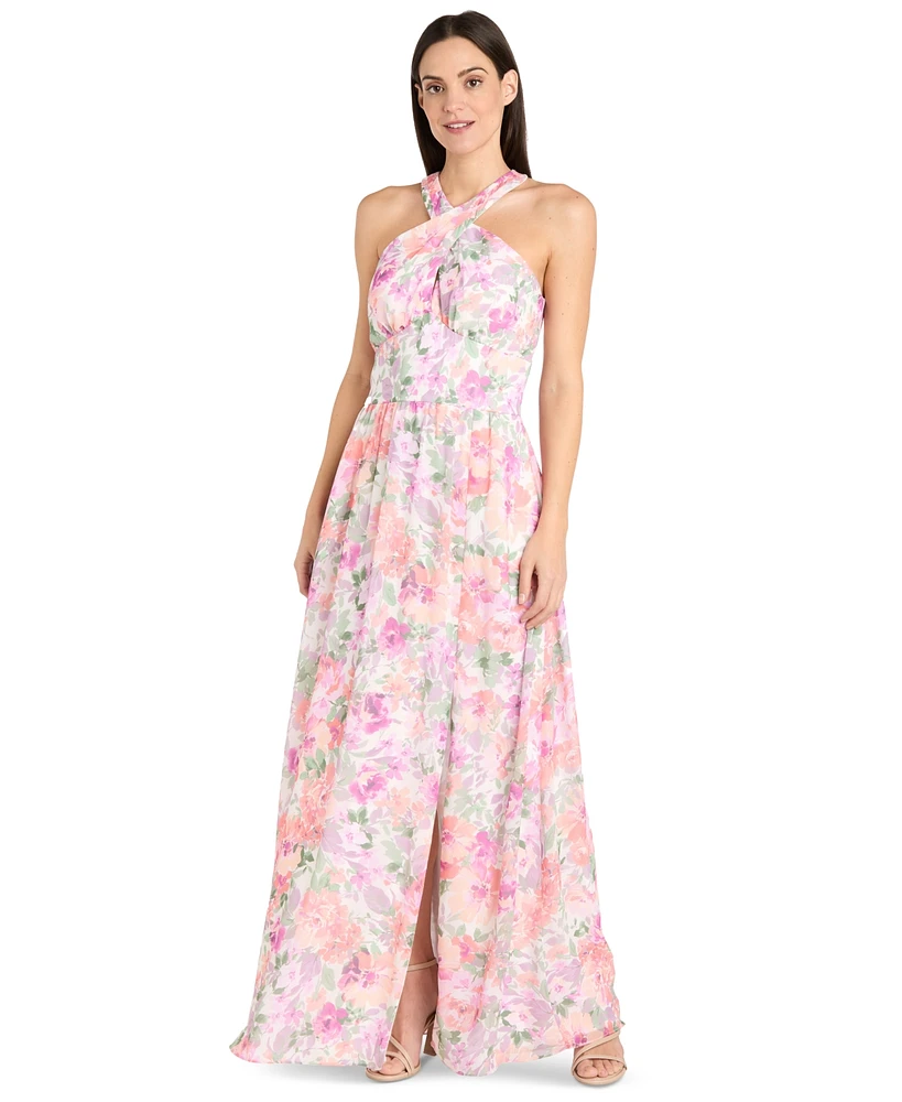 R & M Richards Women's Printed Chiffon Criss-Cross Halter Maxi Dress