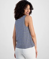 Charter Club Petite Linen-Blend Striped Bead-Trim Scoop-Neck Top, Exclusively at Macy's
