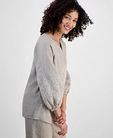 Charter Club Petite 100% Linen Embroidered Top, Exclusively at Macy's