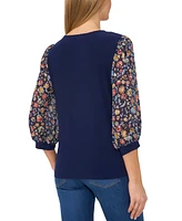 CeCe Women's Mixed-Media Floral-Sleeve Round-Neck Top