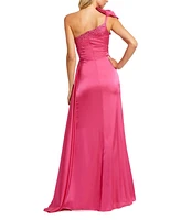 Women's Satin One Shoulder Gown w/ Embellished Bow