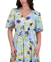 kensie Women's Floral-Print Puff-Sleeve Maxi Dress