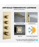 Luxury Thermostatic Shower System with Body Jets, Square Rainfall Head Handheld Shower, Temperature Control, Brushed Gold
