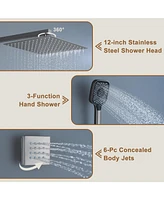 12-inch Rain Shower System with Body Jets Wall-Mounted Handheld Sprayer 3-Function Faucet Set, Brushed Nickel