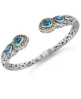 Devata London Blue Topaz, Swiss Blue Topaz, Blue Topaz & Bali Filigree Cuff Bracelet in Sterling Silver and 18K Gold Accents