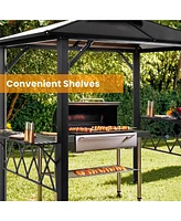 8×5 Feet Gray Hardtop Grill Gazebo Canopy with 2-Tier Pc Roof with Side Shelves