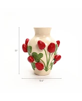 LuxenHome Ivory with Red Strawberries Ceramic 11-Inch Tall Vase