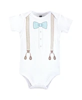 Hudson Baby Infant Boy Cotton Bodysuit, Pant and Shoe Set, Taupe Mint Suspender