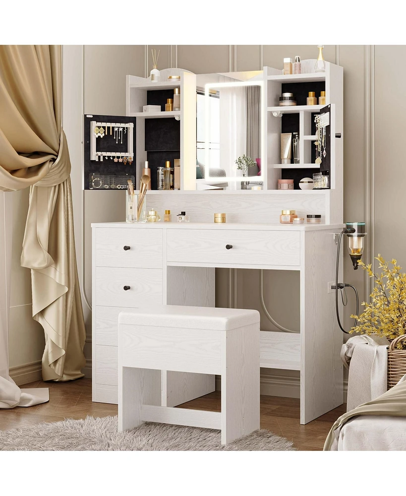 White Vanity Set with Mirror and Lights , Makeup Vanity Desk with Jewelry Armoire & Charging Station & 5 Drawers