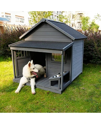 Solid wood asphalt roof dog house with large terrace for large dogs