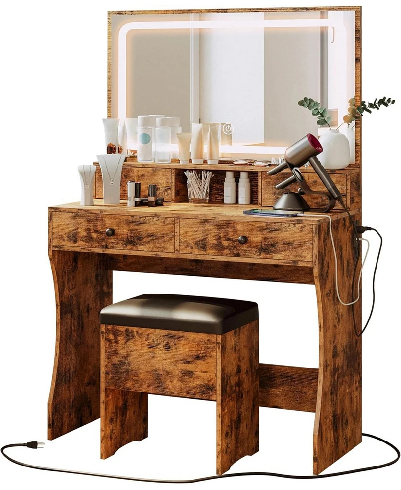 Vanity Desk Set with Led Lighted Mirror & Power Outlet, Makeup Vanity Table with 4 Drawers