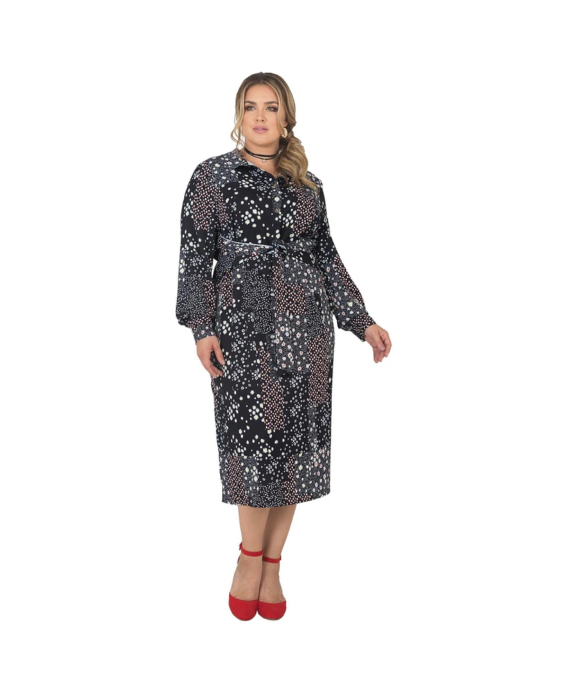 Plus Women's Long Sleeve Midi Shirt Dress Floral Print Tie-Front