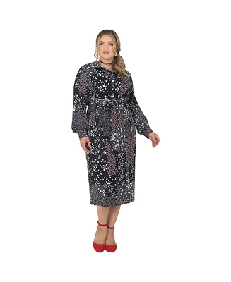 Plus Women's Long Sleeve Midi Shirt Dress Floral Print Tie-Front