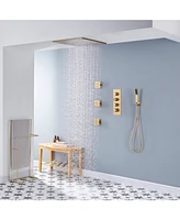 Chrome Luxury Thermostatic Shower System with Handheld Ceiling Mount Rain Dual Heads 3 Body Jets