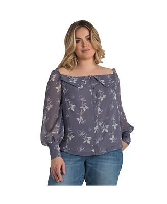 Plus Floral Print Long Sleeve Button Down Off-The-Shoulder Blouse