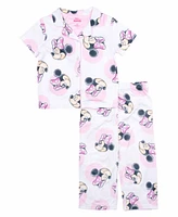 Minnie Mouse Toddler Girls Short Sleeve Button Down Sleep Shirt and Open Leg Pant, 2-Piece Pajama Set