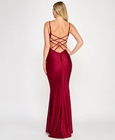 Crystal Doll Juniors' Ruched Strappy-Back Satin Gown