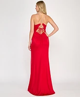 Crystal Doll Juniors' Rhinestone Lace-Up-Back Satin Gown