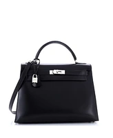 Pre-Owned Hermes Kelly 32 Handbag Black Box Calf with Palladium Hardware