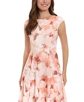 London Times Women's Floral Print Cap Sleeve Fit & Flare Dress