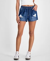 Indigo Rein Juniors' Distressed Drawstring Denim Shorts