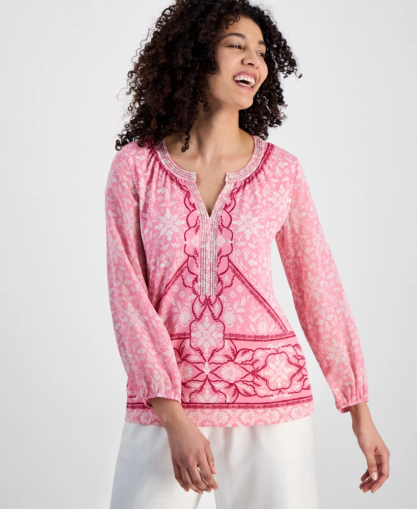 Jm Collection Petite Embellished Knit Chiffon-Sleeve Top, Exclusively at Macy's