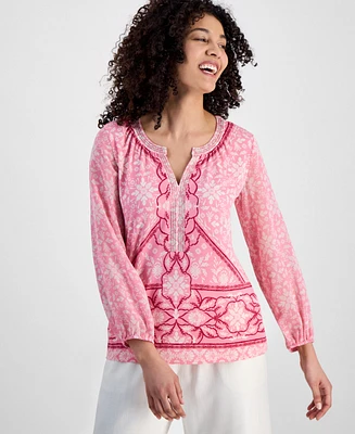 Jm Collection Petite Embellished Knit Chiffon-Sleeve Top, Exclusively at Macy's