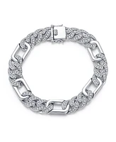 Men's Sterling Silver White Gold Plated with Iced Out Cubic Zirconia Oblong Curb Chain Bracelet