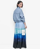 Dkny Womens Chambray Zip Front Bomber Jacket Sleeveless Printed Satin Maxi Dress