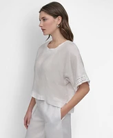 Dkny Women's Cropped Short-Sleeve Studded Linen Top