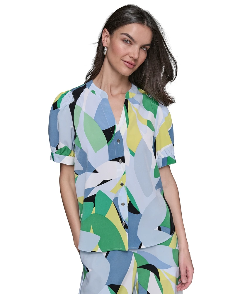 Karl Lagerfeld Women's Printed Puff-Sleeve Button-Front Top
