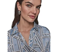 Karl Lagerfeld Paris Women's Satin Geo-Print Oversized Button-Front Top