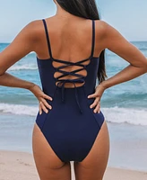 Cupshe Women's V Neck Ruched Crisscross Back Self Tie One Piece Swimsuit