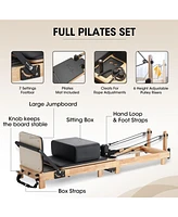 Er Kang Wooden Foldable Pilates Reformer Machine with Springs, Pilates Machines for Home Use and Studio, Pilates Equipment with Sitting Box, Jump Boar
