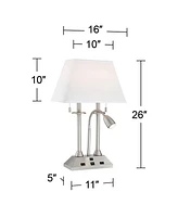 Dexter Modern Table Lamp 26" High with Usb and Ac Power Outlet in Base Brushed Nickel Led Reading Light White Linen Shade for Bedroom Living Room Hous