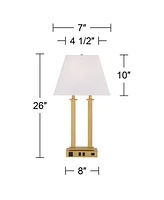 Amity 26" High Modern Desk Lamp Usb Port Ac Power Outlet Gold Warm Brass Finish Metal Single White Shade Home Office Living Room Charging Bedroom Beds