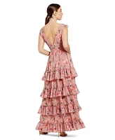 Mac Duggal Women's Drawstring Shoulder Floral Chiffon Tiered Gown