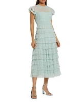 Mac Duggal Women's Solid Mesh Dot Micro Ruffle High Neck Midi Dress