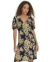 Tommy Hilfiger Women's Puff-Sleeve Printed V-Neck Dress