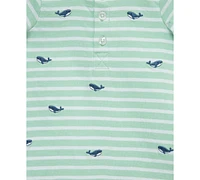 Little Me Baby Boys 2-Pc. Embroidered Whale Stripe Romper & Bucket Hat Set