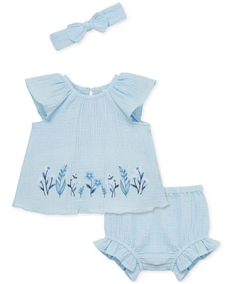 Little Me Baby Girls 3-Pc. Embroidered Floral Gauze Sunsuit & Headband Set