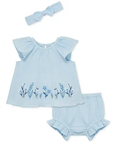 Little Me Baby Girls 3-Pc. Embroidered Floral Gauze Sunsuit & Headband Set